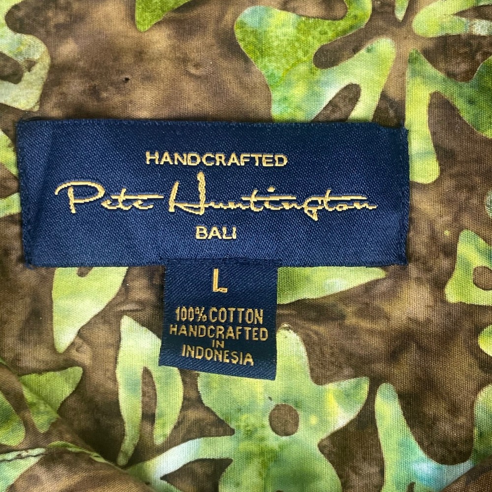 Pete Huntington Shirt Large Green Brown 100% Cotton Bali Handcrafted Floral Mens - Picture 3 of 6